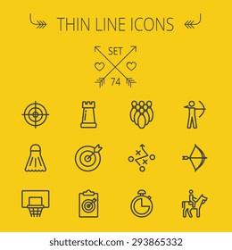 Sports thin line icon set for web and mobile. Set includes- chess rook, target board, crosshair, shuttlecock, basketball hoop, bowling pins, stopwatch, archery, bow and arrow, horse riding icons