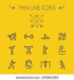 Sports thin line icon set for web and mobile. Set includes-boxing, barbel, exercise, gymnast, karate, boxing icons. Modern minimalistic flat design. Vector dark grey icon on light grey background.