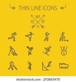 Sports thin line icon set for web and mobile. Set includes- medal, ballet, skating, running, golf icons. Modern minimalistic flat design. Vector dark grey icon on yellow background.