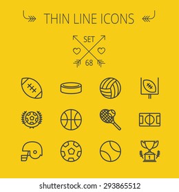 Sports thin line icon set for web and mobile. Set includes- volleyball, basketball, hockey puck, tennis, soccer, football, trophy, helmet icons. Modern minimalistic flat design. Vector dark grey icon