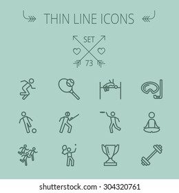 Sports thin line icon set for web and mobile. Set includes- fencing, tennis racket with ball, running, soccer, marathon, high jump, trophy, yoga, barbell, flying disc icons. Modern minimalistic flat