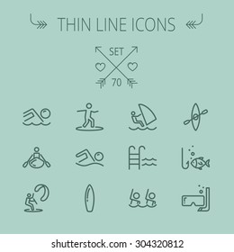 Sports thin line icon set for web and mobile. Set includes-swimming, snorkel, mask, kayak, wakeboard icons. Modern minimalistic flat design. Vector dark grey icon on grey background.