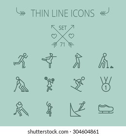 Sports thin line icon set for web and mobile. Set includes- medal, ballet, skating, running, golf icons. Modern minimalistic vector flat design.