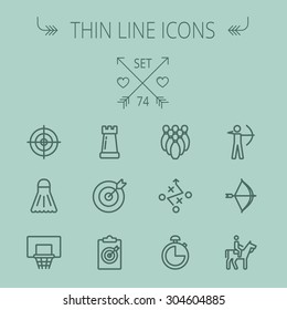 Sports thin line icon set for web and mobile. Set includes- chess rook, target board, crosshair, shuttlecock, basketball hoop, bowling pins, stopwatch, archery, bow and arrow, horse riding icons