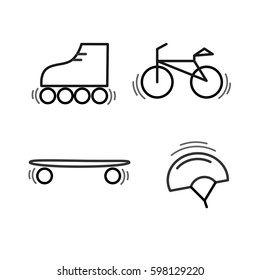 Sports thin line icon set for web and mobile. Bicycle, skateboard, skates, helmet flat design