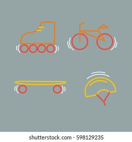 Sports thin line icon set for web and mobile. Bicycle, skateboard, skates, helmet flat design