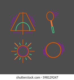 Sports thin line icon set for web and mobile. Sun, ball, racket, tent flat design