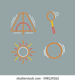 Sports thin line icon set for web and mobile. Sun, ball, racket, tent flat design