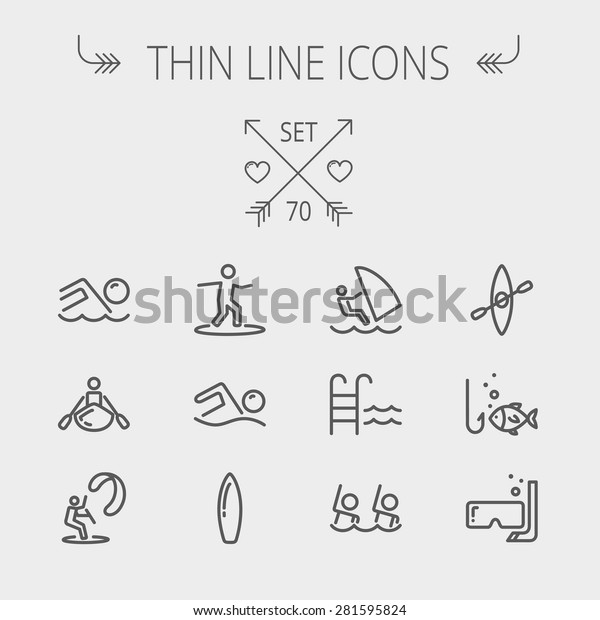 Sports thin line icon set for web and mobile. Set\
includes- wind surfing, pool, swimming, surfboarding, kayak, wind\
surf, snorkeling, fishing icons. Modern minimalistic flat design.\
Vector dark grey