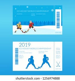 Sports ticket template for a hockey match.Entrance ticket to the world hockey championship.Vector illustration in modern flat style.