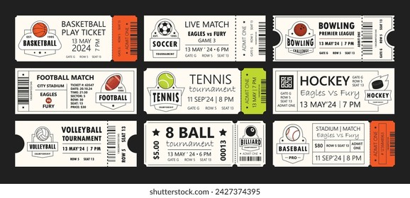 Plantillas de entradas deportivas. Diseño vectorial vintage moderno de diferentes tipos de juegos deportivos. Diseños de desmontaje con insignias de torneos.