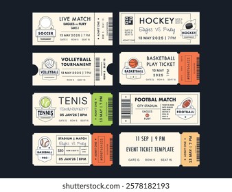 Sports Tickets Templates Set. Modern vintage vector design of different sport types plays. Tear-off layouts with tournaments badges.