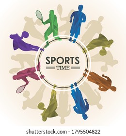 sports time poster with athletes figures silhouettes in circular frame vector illustration design