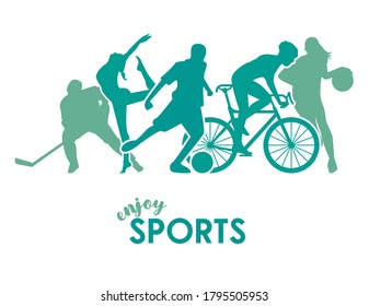 sports time poster with green athletes figures silhouettes vector illustration design