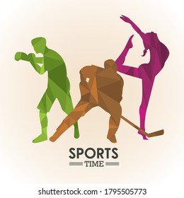 sports time poster with set colors athletes figures silhouettes vector illustration design