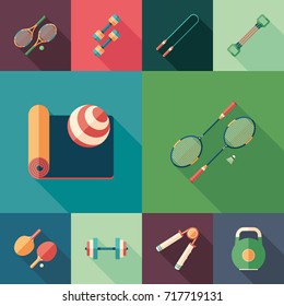 Sports time set of flat square icons with long shadows.