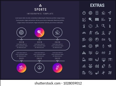 Sports timeline infographic template, elements and icons. Infograph includes line icon set with sport equipment, sports field, competitive games, pedestal, leisure activities, training exercise etc.