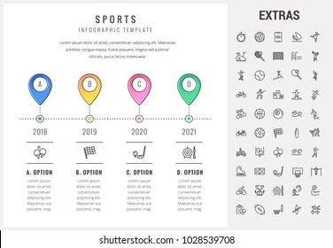 Sports timeline infographic template, elements and icons. Infograph includes options with years, line icon set with sport equipment, sports field, competitive games, pedestal, leisure activities etc.