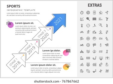 Sports timeline infographic template, elements and icons. Infograph includes stages with years, line icon set with sport equipment, sports field, competitive games, pedestal, leisure activities etc.