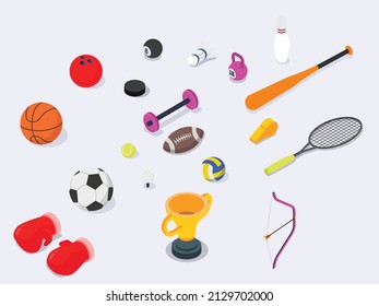 Sports tools  icon set  vector concept. Gold trophy with various sports tools in the studio