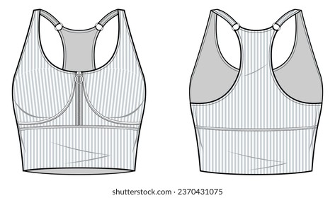 Sports Tops Active Wear flat technical fashion illustration. Sports Top Active Wear with quarter zip fashion flat technical drawing template, front view, back view, white color, women, CAD mockup set. svg