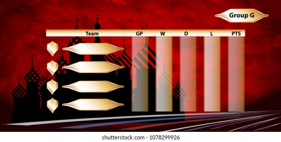  Sports Tournament Chart for Group G and Teams - Soccer Playfield  Vector Illustration with background Graphic Home city Russia.