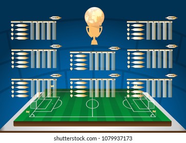  Sports Tournament Chart for Groups  A-H  and Teams - Soccer Playfield  Vector Illustration with Trophy,background,Grass football field.