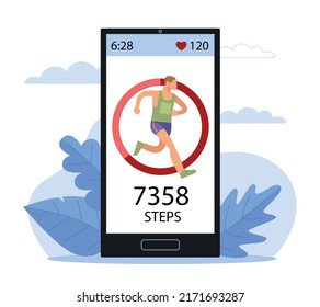 Sports Tracker. Heart Rate Monitoring Device, Step Counter, Daily Footsteps, Running Man On Smartphone Device Screen, Application Design. Fitness Tracking App, Vector Cartoon Flat Concept