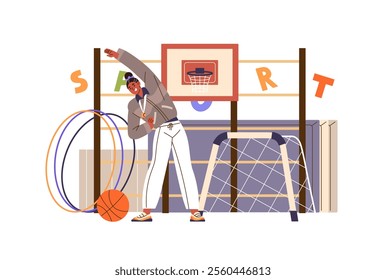 Sports trainer does physical exercises while workout in school gym. PE teacher training students in lesson. Coach with whistle stretching. Flat isolated vector illustration on white background