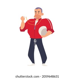 Sports trainer or kids school team coach male cartoon character, flat vector illustration isolated on white background. Trainer in sportswear full length portrait.