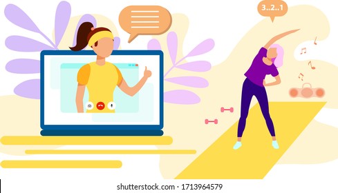 

Sports trainer trains girl on video call a laptop. Distance training. Online meeting. Remote work during self-isolation. Keep distance. Sports training.  Stay home. Web courses.