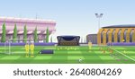 Sports training complex. Stadium building, training football field, sports infrastructure. Glass canopy with bench, lighting mast, football equipment, ball, cone, gate, training dummy, vector cartoon.
