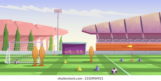 Complejo de entrenamiento deportivo. Edificio de estadio, torre de iluminación, baldaquín con banco, campo de fútbol para entrenamiento. Equipo deportivo, gol, bola, cono, bandera de esquina, maniquí de entrenamiento. Ilustración de dibujos animados.