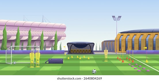 Sports training complex. Stadium building, training football field, sports infrastructure. Glass canopy with bench, lighting mast, football equipment, ball, cone, gate, training dummy, vector cartoon.
