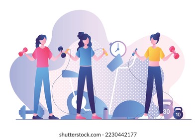 Sports training concept. Women stand with dumbbells and kettlebells, strength training and muscle strengthening, workout. Active lifestyle and sports, athletes. Cartoon flat vector illustration