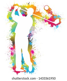 Sports training, Golf player, Goal, Logo, Exercise, Symbol, Silhouette, Colorful drops ink splashes, Fire flame, Vector illustration, Background.