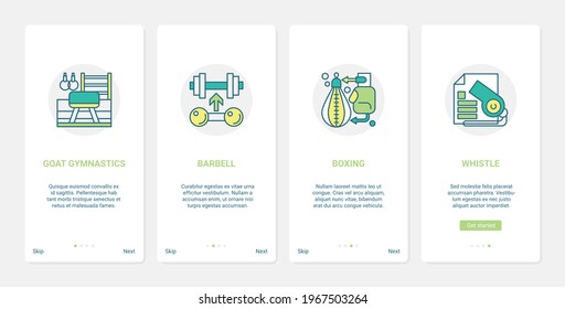 Sports training in gym vector illustration. UX, UI onboarding mobile app page screen set with line gymnastic equipment, barbell and kettlebell, gloves and punching bag, referee whistle in team play