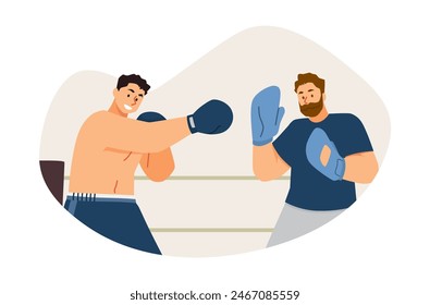 A sports training with a male boxer and a trainer in the ring. A vector illustration with sparring equipment, a punching bag and gloves for targeted strikes.