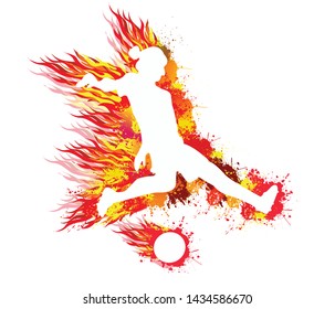 Sports training, Soccer football player kicks the ball, Goal, Fire flame, Colorful drops ink splashes, Logo, Exercise, Symbol, Silhouette, Vector illustration, Background.