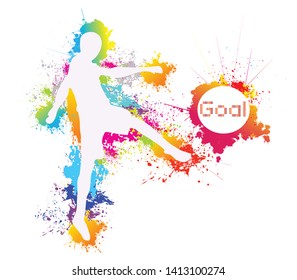 Sports training, Soccer player kicks the ball, Goal, Colorful drops ink splashes, Logo, Vector illustration, Background.