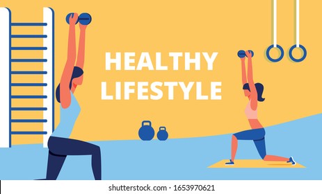 Sports Training for Women. Sports Suit. Do Sport. Pumping Muscles. Training with Dumbbells. Vector Illustration. Time for Fitness. Healthy Lifestyle. Power Train. Fitness Girl. Power Load on Hands.