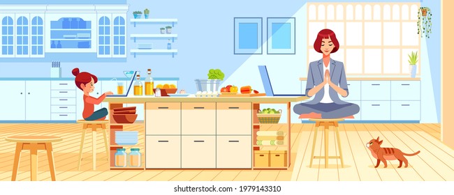 Sports training and work at home. Happy young mother, business woman meditates in the kitchen. A child with a laptop learns online. The concept of yoga and meditation. Cartoon vector illustration.