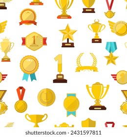 Sports trophies and awards in flat design style seamless background vector illustration