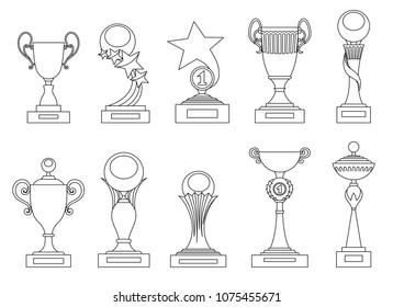 Sports trophies and awards silhouettes set for design, such logo. Adult coloring book