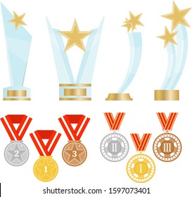 Sports trophies and medals. Sports awards and glass trophies. Vector.
