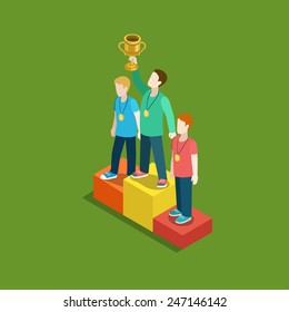 Sports trophy rating award winner concept flat 3d web isometric infographic vector. Three men on place pedestal, first place rising hand with gold cup. Creative people collection.