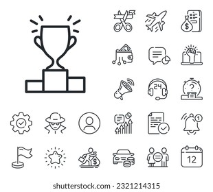 Sports Trophy symbol. Salaryman, gender equality and alert bell outline icons. Winner podium line icon. Championship achievement sign. Winner podium line sign. Spy or profile placeholder icon. Vector