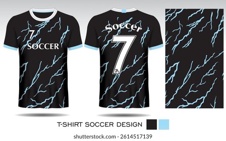 Sports T-shirt design with black background blue stripes and white lettering for soccer jersey. Front and back view of sports uniform. Sports club shirt mockup, Vector illustration.