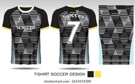 Sports T-shirt design with black background, grey checkered and white lettering for soccer jersey. Front and back view of sports uniform. Sports club shirt mockup, Vector illustration.