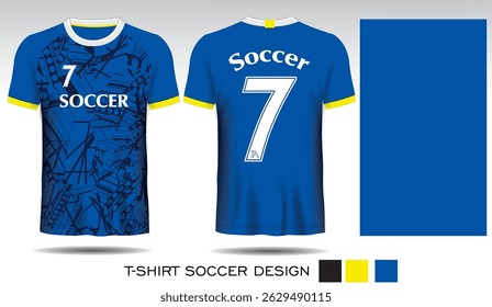 Sports T-shirt design with black checkered pattern on blue background and white lettering for soccer jersey. Front and back view of sports uniform. Sports club jersey mockup, Vector illustration.